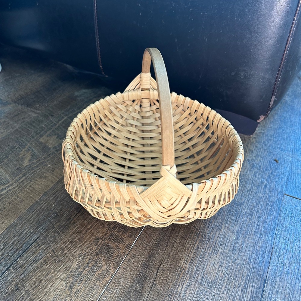 Vintage Handwoven Gods Eye Melon Basket Natural Wood Ribbed Gathering Basket